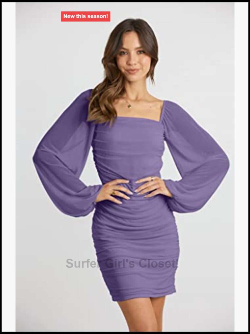 Square Neck Mesh Long Sleeve Bodycon Mini Dress Ruched - Picture 2 of 7
